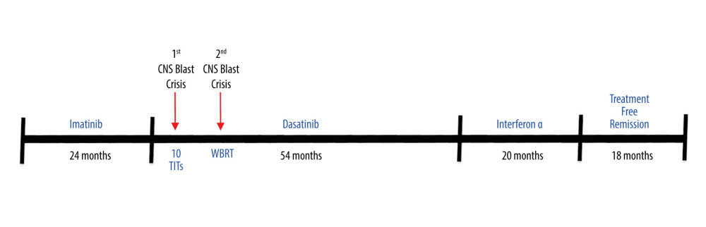 Timeline of the clinical course of this patient, showing treatments and events from the diagnosis of accelerated phase CML to death in treatment-free remission due to advanced stage rectal cancer. Overall survival was greater than 9.5 years (116 months) from diagnosis and 7.5 years from first CNS blast crisis. * TIT – triple intrathecal rherapies; WBRT – whole-brain radiation therapy.