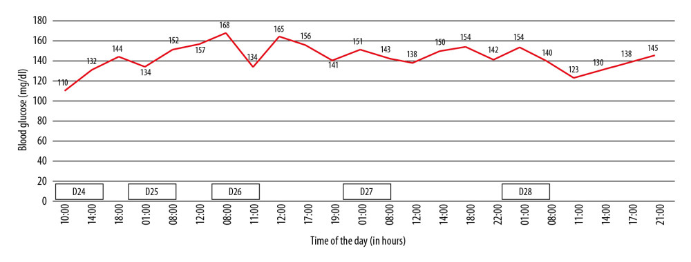 The patient’s glycemic profile on days 24–28. The blood glucose levels remained above the normal range.