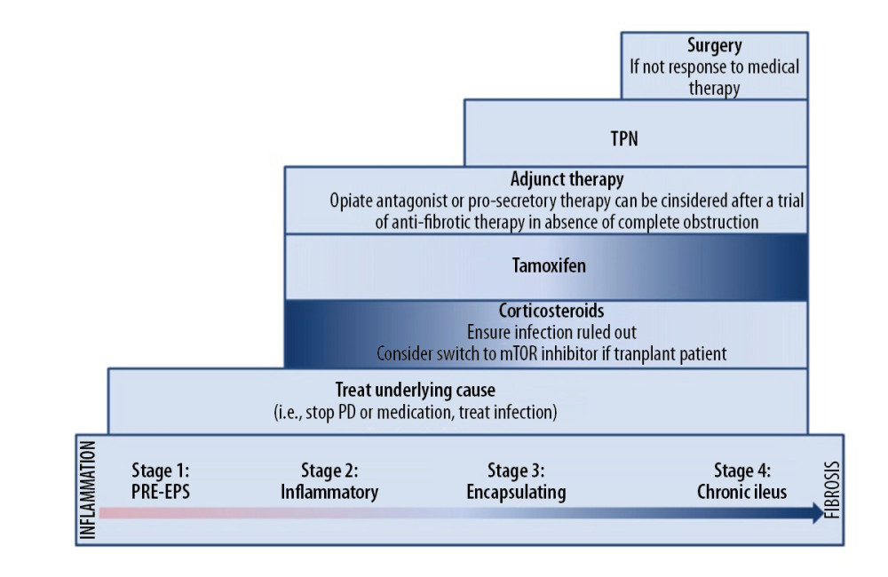 Therapeutic and management approach for encapsulating peritoneal sclerosis (EPS) [2]. EPS is classified into 4 stages: pre-EPS, inflammatory, encapsulating, and chronic. Depending on the stage of the disease, the management and therapeutic approach differs [2].