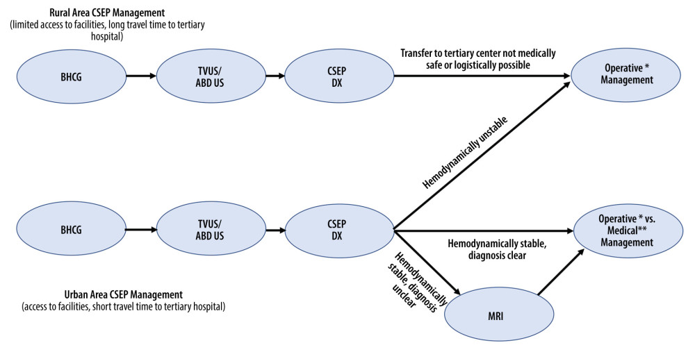 Cesarean scar ectopic pregnancy (CSEP) lower- and middle-income countries (LMIC) Flowchart. * Operative management options in LMICs include laparotomy or laparoscopy depending on hospital resources. ** Medical management options in LMIC include systemic methotrexate (MTX) and/or intra-gestational sac injection of MTX or potassium chloride (KCl) depending on ability for close follow-up and hospital resources. BHCG – beta-human chorionic gonadotropin; TVUS – transvaginal ultrasound; ABD US – abdominal ultrasound; CSEP – cesarean scar ectopic pregnancy; MRI – magnetic resonance imaging; DX – diagnosis.