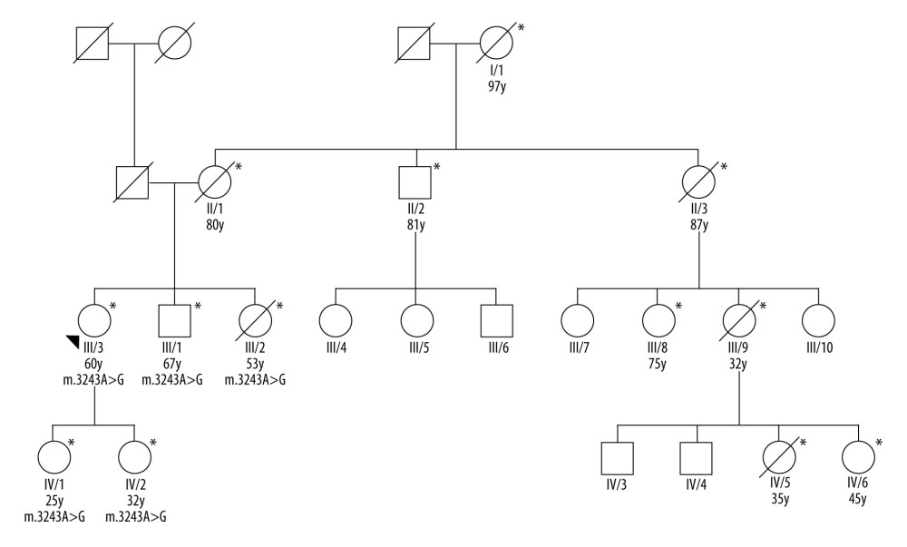 Pedigree of the index patient’s family (* clinically affected, m.3243A>G: mutation carrier).