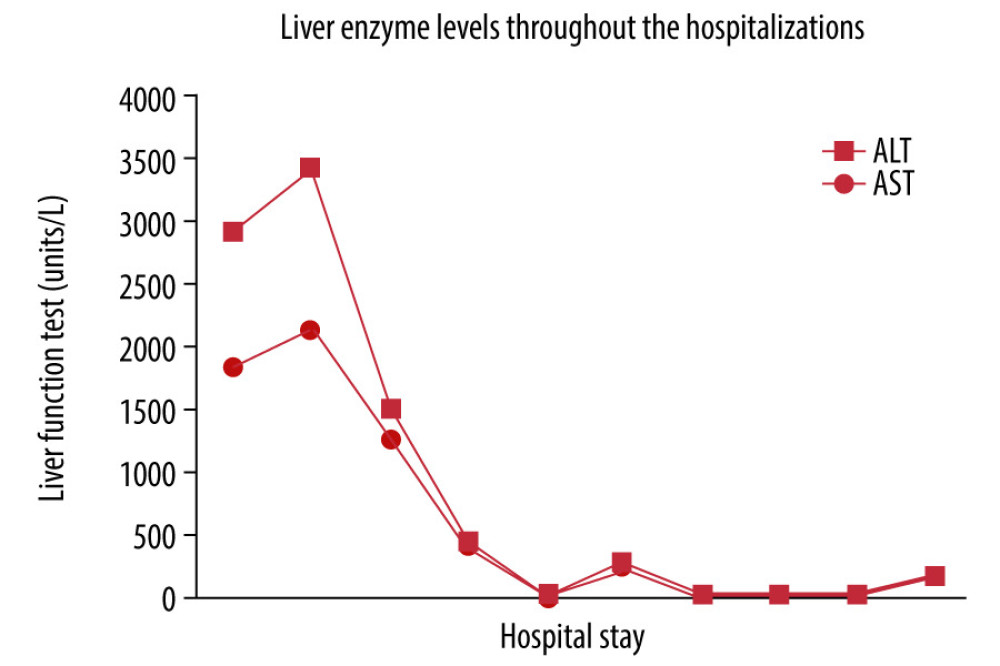 The fluctuation of liver enzymes during the patient’s hospitalization period.