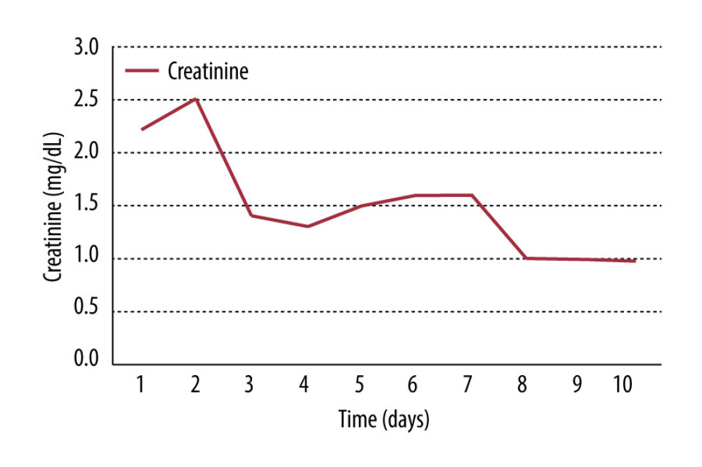 The fluctuation of creatinine levels during the patient’s hospitalization period.