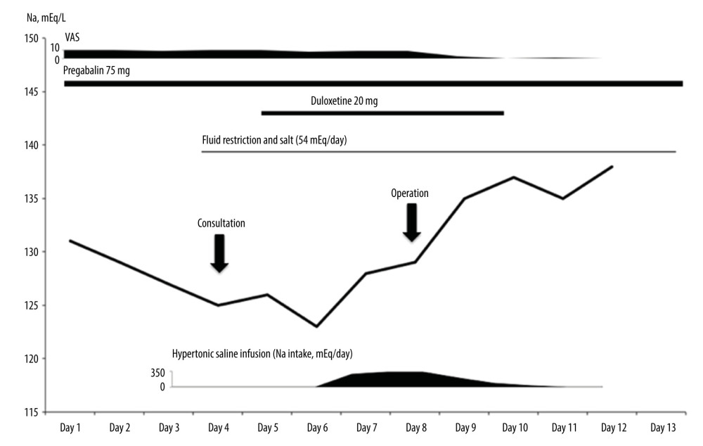 Clinical course of our patient. The image shows the change in serum sodium level in relation to the administration of pregabalin and duloxetine. Hyponatremia gradually resolved after pain relief surgery. VAS – visual analog scale.