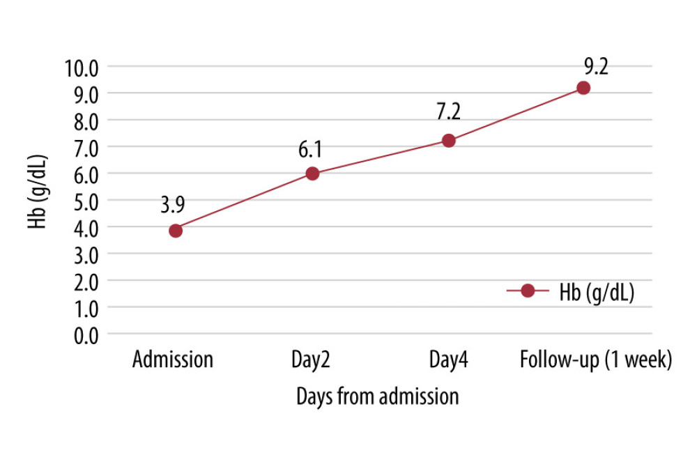 Hemoglobin levels during disease course (without blood transfusion).