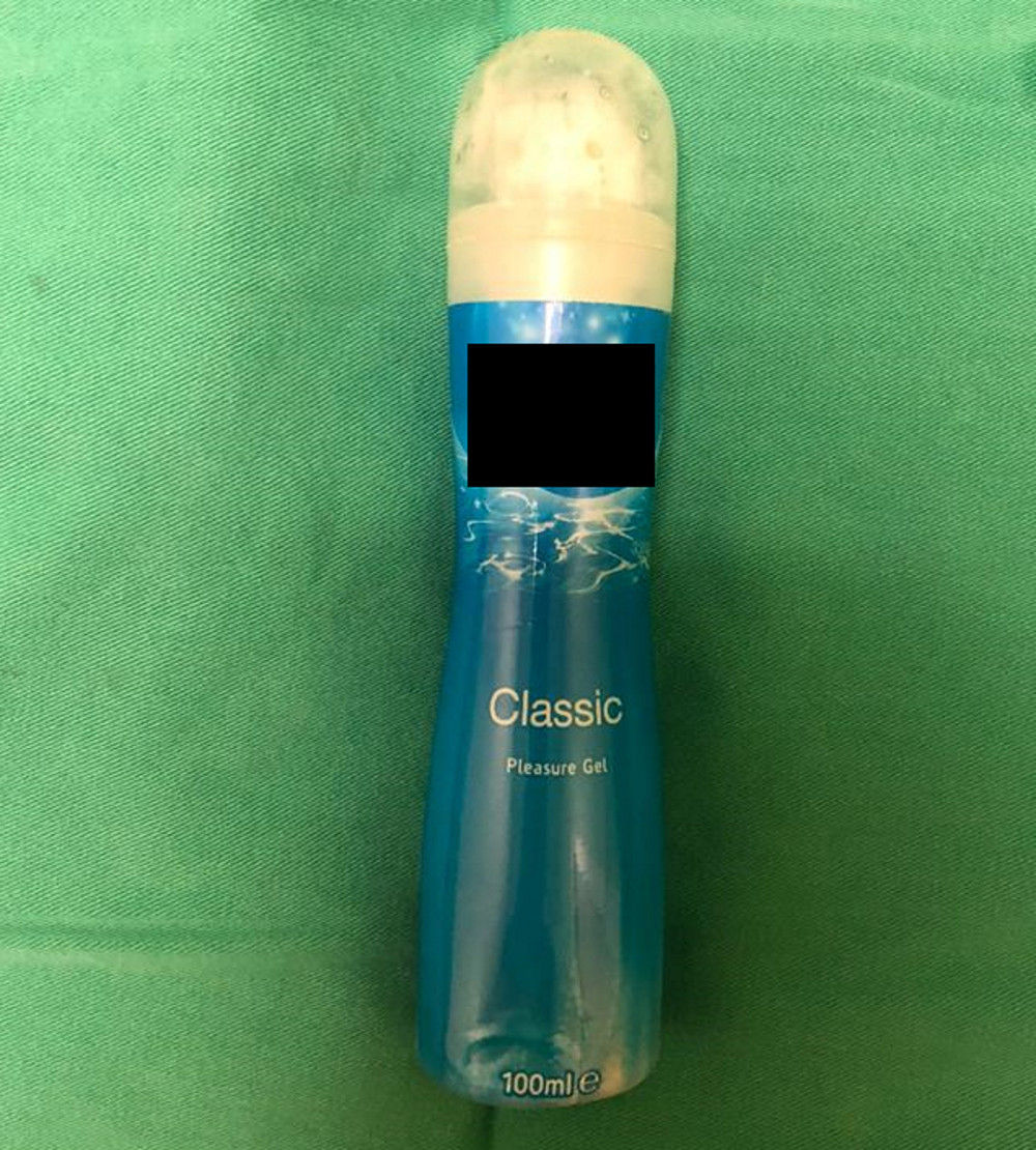 Lubricant bottle which was retrieved from the rectum.