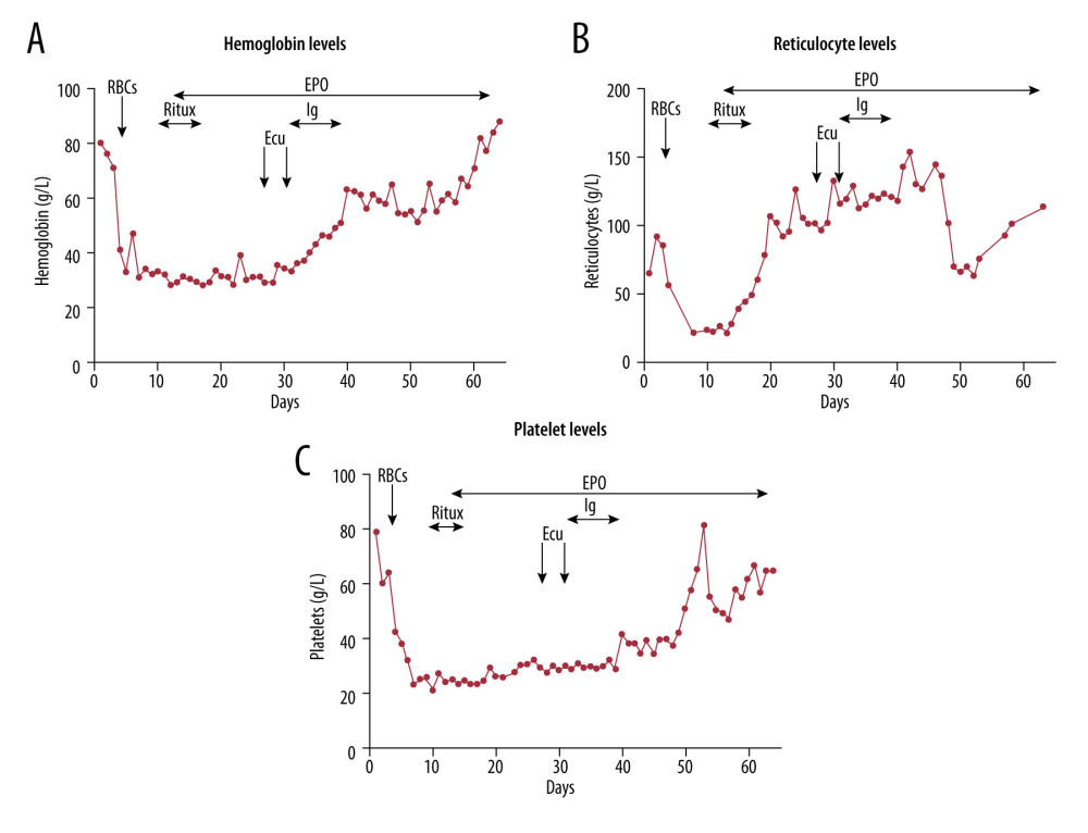 Effects of eculizumab therapy combined with intravenous immunoglobulins and erythropoietin administration in a pregnant β-thalassemia intermediate woman with hyperhemolysis: (A) hemoglobin levels; (B) reticulocyte levels; (C) platelet levels. Ecu – eculizumab; EPO – erythropoietin; Ig – immunoglobulins; RBCs – red blood cells; Ritux – rituximab.