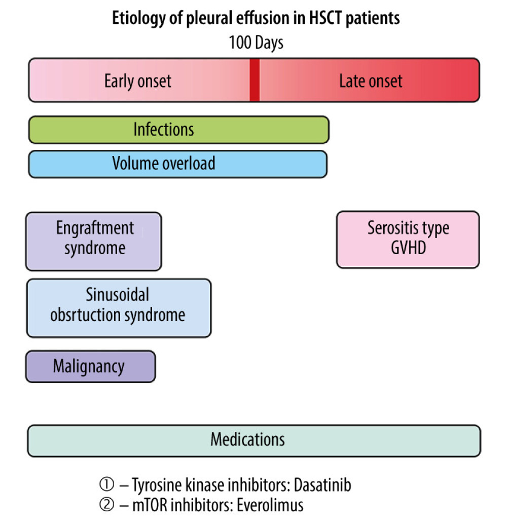 Possible causes of pleural effusion in hematopoietic stem cell transplant patients divided into early and late etiology based on 100 days cutoff. GVHD – graft versus host disease; HSCT – hematopoietic stem cell transplantation.