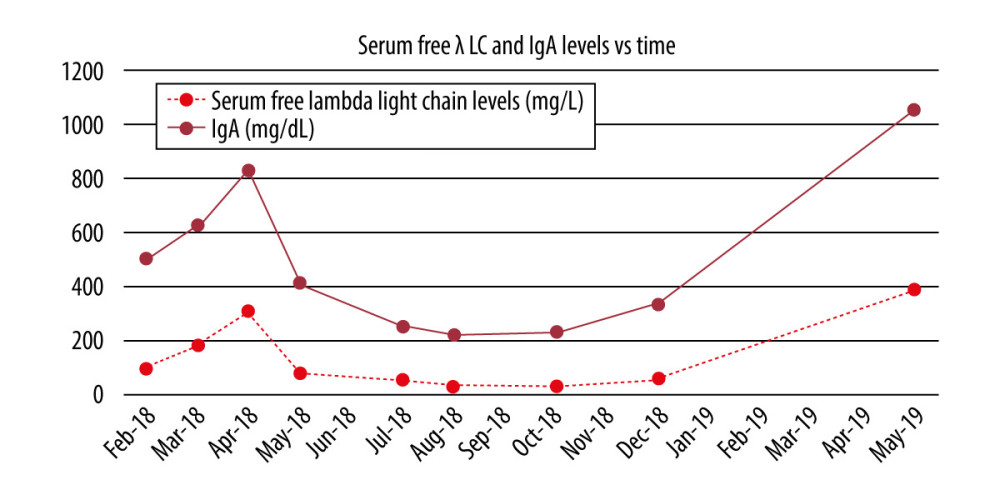 Serum free λ light chain levels and IgA from diagnosis until death.