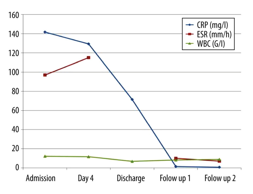 Representation of inflammatory markers during the hospital stay and follow-ups. CRP – C reactive protein; ESR – erythrocyte sedimentation rate; WBC – white blood cell.