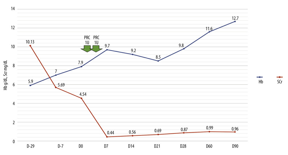Serum creatinine and hemoglobin concentration after kidney transplantation. The Y-axis represents 2 indicators (hemoglobin level and serum creatinine level), the blue line indicates hemoglobin level, the orange line indicates serum creatinine level, the green arrows indicate blood transfusion, and the X-axis represents days before and after kidney transplantation, in which D0 refers to the day of kidney transplantation. PRC – pack red cell; Hb – hemoglobin; Scr – serum creatinine.