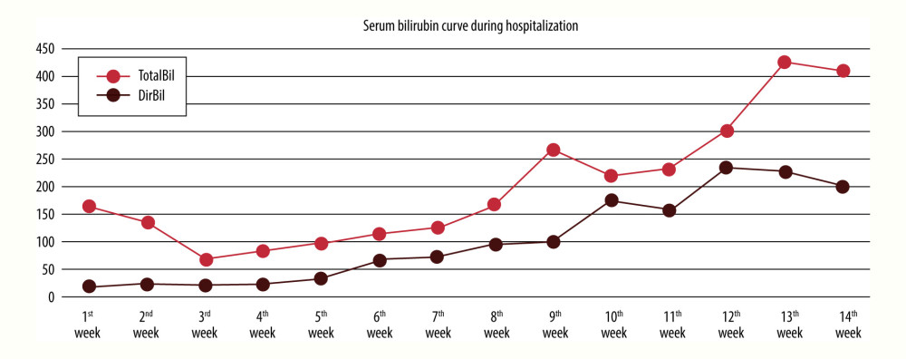 Serum bilirubin curves from the first week of life till week 14. The red line represents the total serum bilirubin, and the blue line indicates direct serum bilirubin.