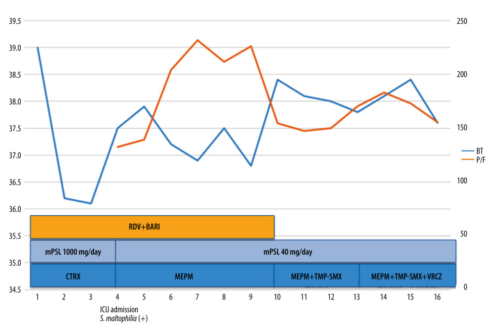 Clinical course of Case 1. RDV – remdesivir; ICU – Intensive Care Unit; mPSL – methylprednisolone; CTRX – ceftriaxone; MEPM– meropenem; TMP-SMX – trimethoprim-sulfamethoxazole; VRCZ – voriconazole; BT – body temperature; P/F – PaO2/FIO2; BARI – baricitinib.