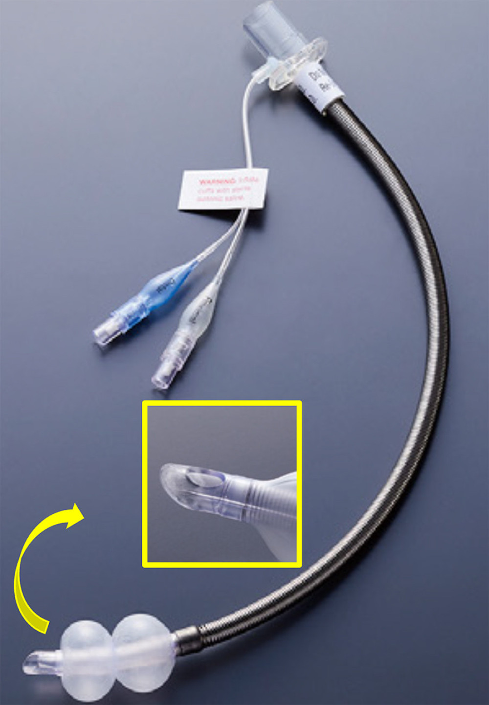 The Laser-Flex tracheal tube has a stainless-steel shaft that is less flexible than standard tracheal tubes. The keen edge of the Murphy eye is placed near the tip of the tube. (Image provided courtesy of Covidien Japan Inc.).