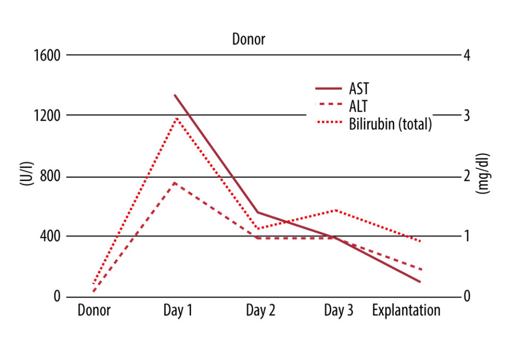 Trajectories of laboratory values of the donor patient with HELLP syndrome before organ harvesting. The acute elevation of laboratory values after admission in concordance with clinical course. On the day of organ procurement, laboratory values were reduced to approximately one-third of the acute phase values. AST – aspartate aminotransferase; ALT – alanine aminotransferase.