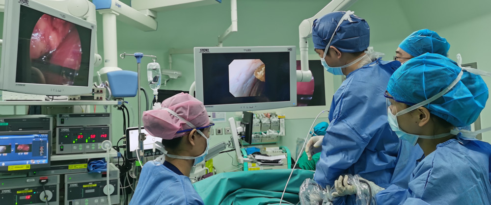 External view of the operation shows the left laparoscopic monitor and right digital flexible ureteroscope monitor.
