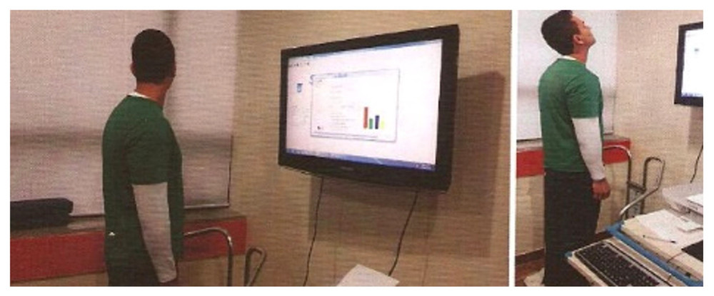 Athlete performing the balance test on an Advance Mechanical Technology Inc board, with 6-plate sensors on dynamic and computerized platforms.