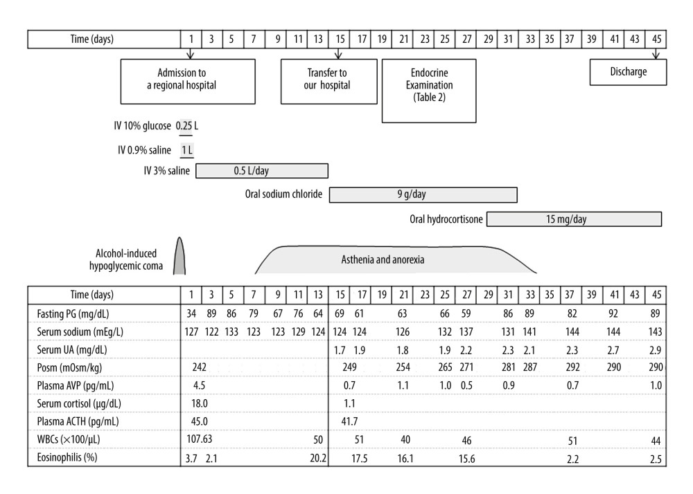 Clinical course of the patient during hospitalization. ACTH – adrenocorticotropic hormone; AVP – arginine vasopressin; IV – intravenous; PG – plasma glucose; Posm – plasma osmolality; UA – uric acid; WBC – white blood cell.