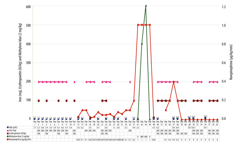 The clinical course and management of a 71-year-old Korean trauma patient who declined blood transfusion, showing the hemoglobin (Hgb) levels, norepinephrine requirement, methylene blue dosage, and iron and erythropoietin supplementation given during hospital admission. Hemoglobin (blue bar) was at its lowest during hospital day 41, when the patient had melena due to a bleeding gastric ulcer and then began to increase. The norepinephrine dose requirement (orange line) increased from hospital day 37 and peaked at hospital days 41 to 43, associated with persistent hypotension. Therefore, high-dose methylene blue (green line) was given on days 42 and 43.