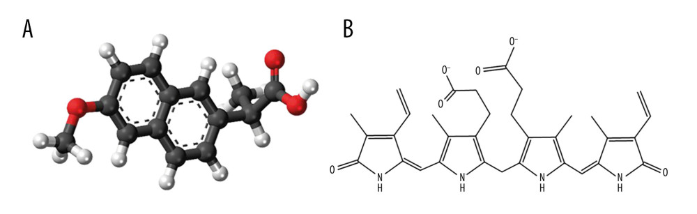 Ball-and-stick model of naproxen (A): “Naproxen molecule ball” by Jynto is licensed under CC01.0. Line structure of bilirubin (B): “Structure of bilirubin” by LHcheM is licensed under CC BY-SA 3.0.