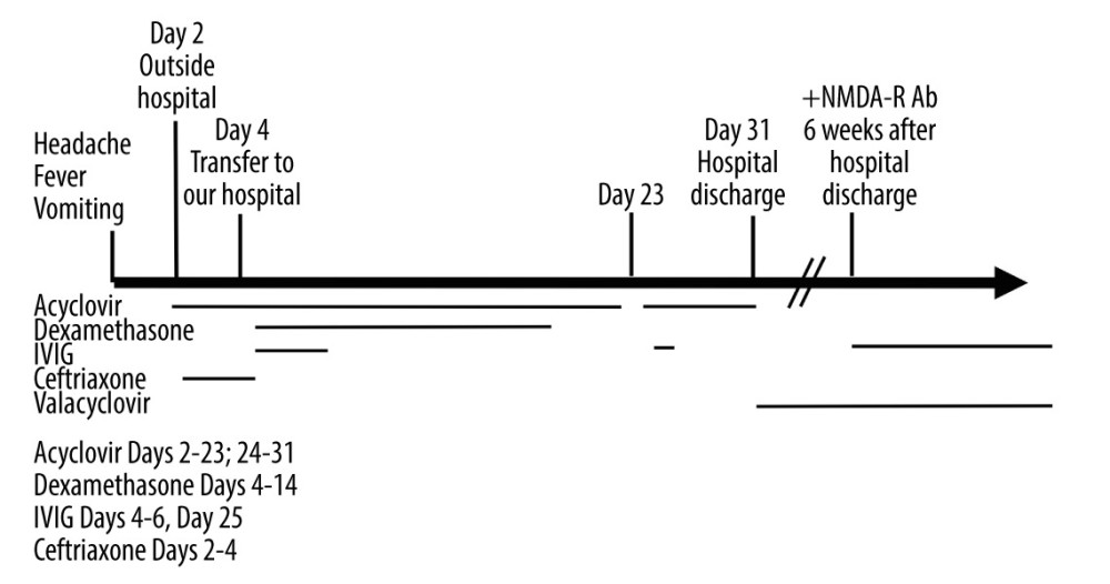 Case report timeline highlighting: i) early initiation of IVIG and methylprednisolone; ii) continuation of acyclovir beyond the usual 21 days due to persistently positive HSV-1 PCR in CSF; iii) the development of NMDA-receptor antibodies requiring more immunomodulation at 6 weeks. IVIG – intravenous immunoglobulin G; HSV-1 – herpes simplex virus 1; PCR – polymerase chain reaction; CSF, cerebrospinal fluid; NMDA – N-methyl-D-aspartate.