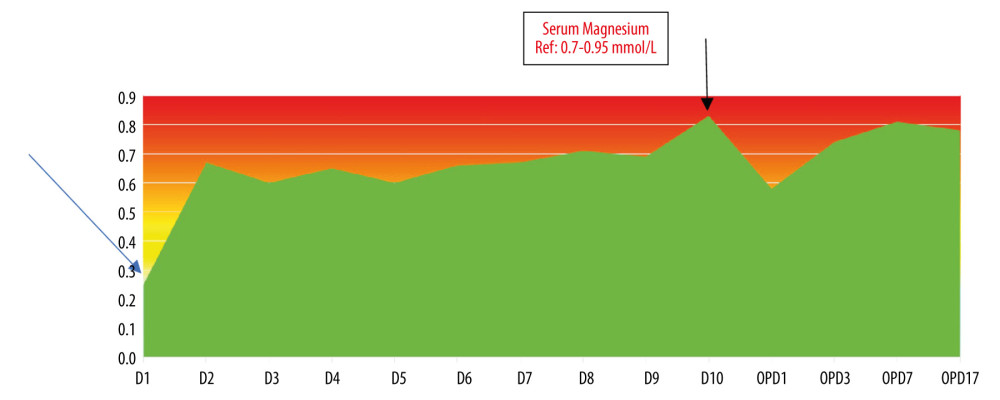 Serial measurements of serum magnesium levels. This figure illustrates the patient’s serum magnesium levels over a period of 10 days during hospitalization (D1 to D10) and subsequent outpatient follow-up at 72 hours (OPD1), 1 week (OPD7), and 17 days (OPD17). The reference range for serum magnesium is indicated as 0.7–0.95 mmol/L. The data points reflect the patient’s magnesium status as it fluctuated over the course of treatment and recovery. The blue arrow on the left side indicates estimated serum magnesium on admission.