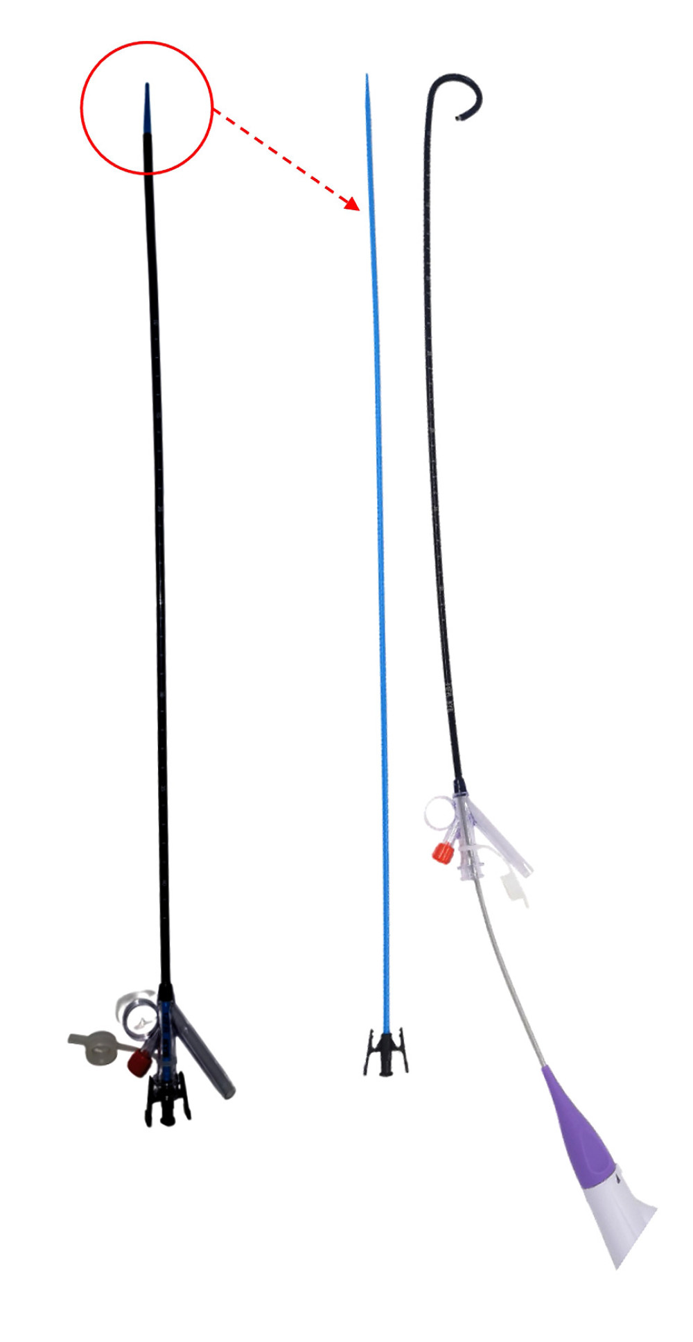 The novel tip-flexible suctioning ureteral access sheath used during the operation.