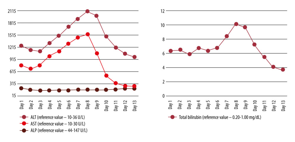 Trend of liver function tests during hospital stay. Aspartate aminotransferase (AST), alanine aminotransferase (ALT), alkaline phosphatase (ALP), and bilirubin levels were followed throughout the length of stay.