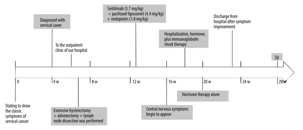 Timeline of the onset and treatment of immune-associated encephalitis caused by sintilimab.