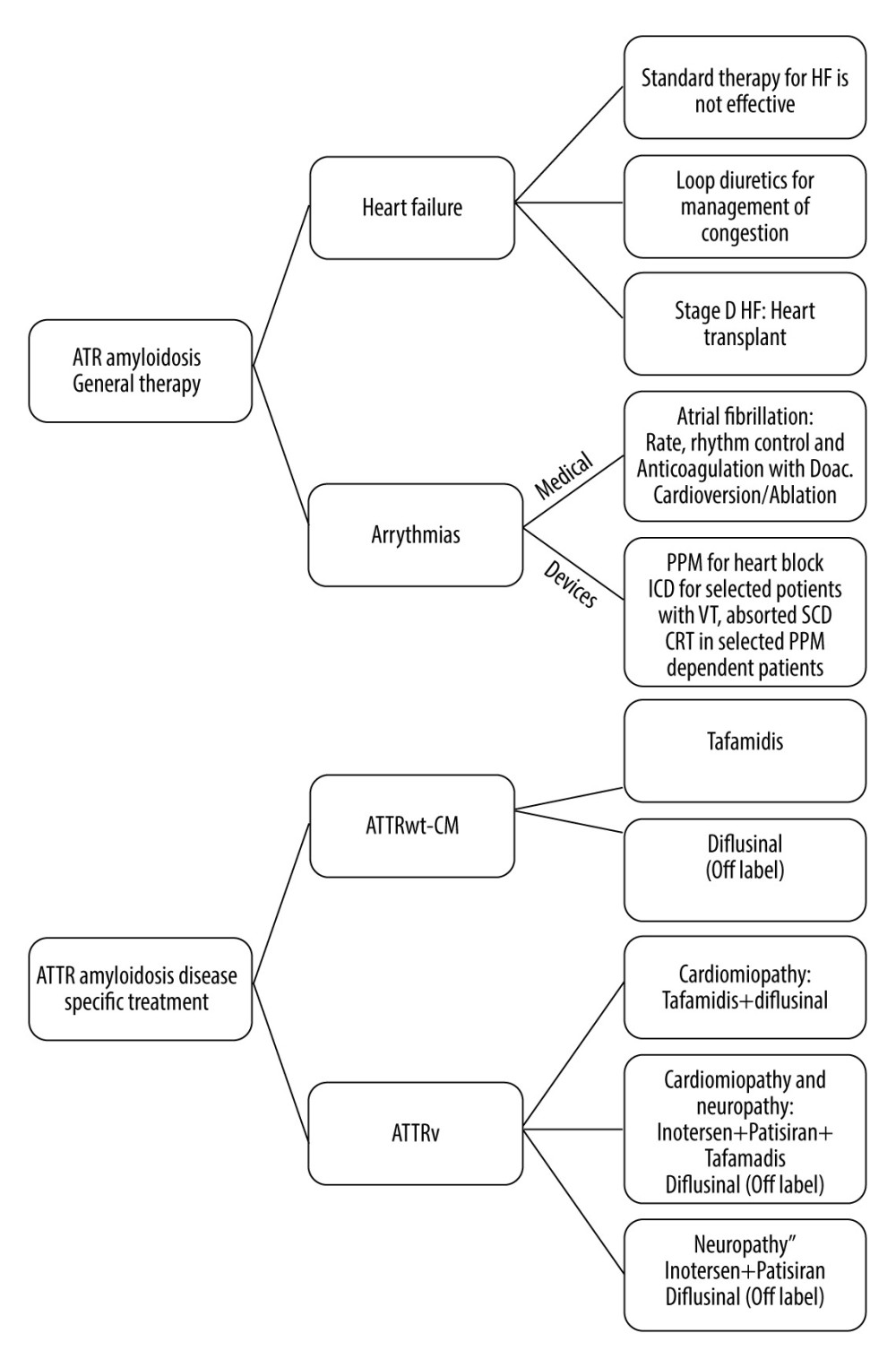 Algorithms that summarize the approach used in treatment of cardiac amyloidosis. Transthyretin amyloidosis (ATTR); Heart failure (HF); Direct oral anticoagulant (DOAC); Cardiac variant transthyretin amyloidosis ATTRwt-CM; Variant transthyretin amyloidosis (ATTRv); Permanent pacemaker (PPM); Implantable cardioverter-defibrillator (ICD); Cardiac resynchronization therapy (CRT); Ventricular tachycardia (VT); Sudden cardiac death (SCD).