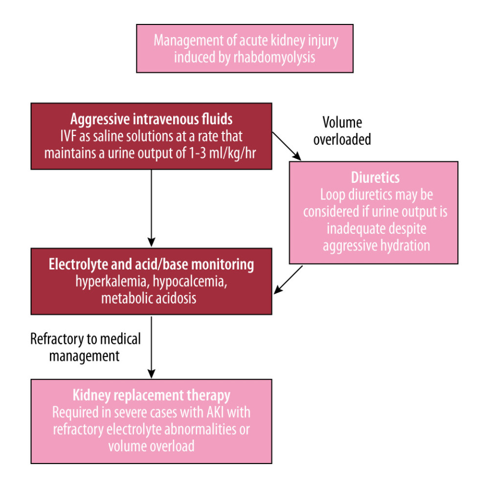 Stepwise approach to the management of rhabdomyolysis.This flowchart outlines the initial treatment approach and adjustment of management as needed based on the patient’s clinical course.