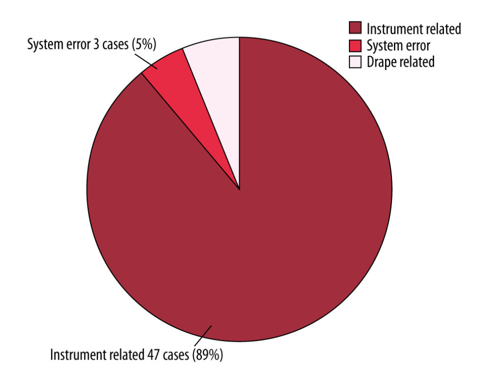 Classification of malfunctions during robot-assisted surgery at our hospital. Among 53 malfunction cases identified in 678 robot-assisted surgeries, instrument-related failures were the most common (47 cases, 89%). System errors occurred in 3 cases, including the unrecoverable malfunction in the present case, which required conversion to laparoscopic surgery.