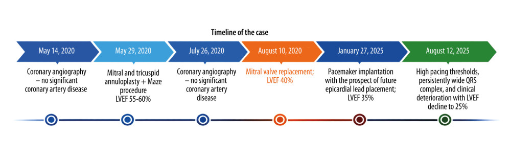 Timeline of the case. Initial failed cardiac resynchronization therapy device implantation was followed by clinical deterioration and subsequent rescue therapy using left bundle branch area pacing, resulting in clinical improvement and partial recovery of left ventricular ejection fraction.