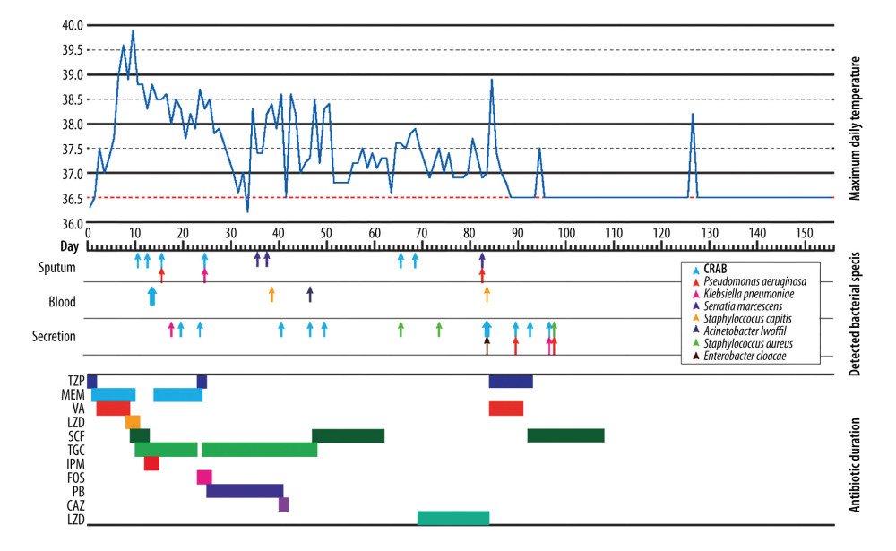 Antibiotic duration, detected bacterial species, and maximum daily temperatureThis figure shows the patient’s daily maximum body temperature during hospitalization, the sites, names, and timing of pathogen detection, as well as antibiotic usage. Abbreviations: CRAB, carbapenem-resistant Acinetobacter baumannii; TZP, piperacillin/tazobactam; MEM, meropenem; VA, vancomycin; LZD, linezolid; SCF, cefoperazone/sulbactam; TGC, tigecycline; IPM, imipenem; FOS, fosfomycin; PB, polymyxin B; CAZ, ceftazidime.
