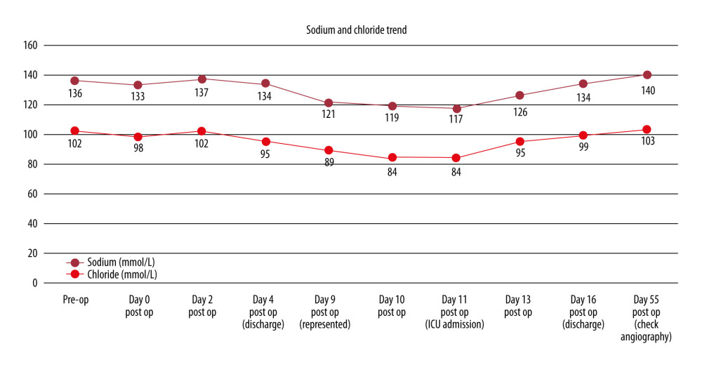 Temporal trends in serum sodium and chloride levels during hospitalization and intervention. Abbreviations: ICU, intensive care unit; Pre-op, preoperative; post op, postoperative.