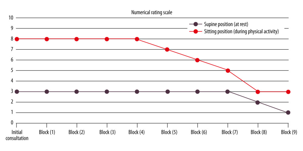 Analgesic effects of repeated rectus sheath blocks. From the first to the fifth injections, pain relief was observed immediately after the procedure but was temporary. Pain recurred to baseline levels as the local anesthetic effect wore off. Between the sixth and ninth injections, pain relief was maintained for at least 24 hours after the blocks.