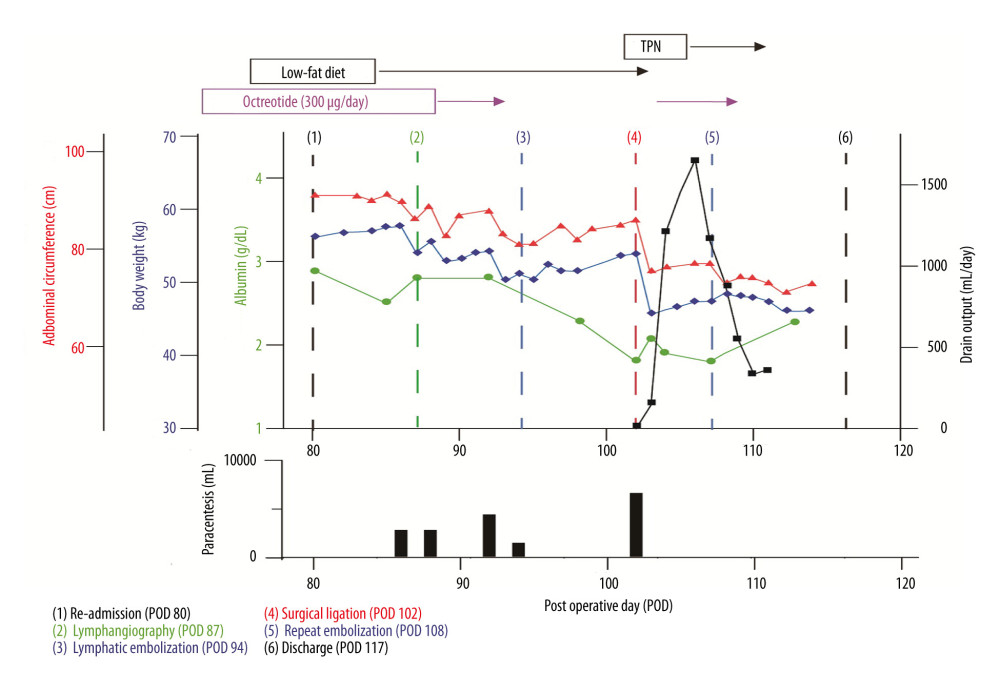 Clinical course during the second admissionAlbumin (green), body weight (blue), and abdominal circumference (red) are plotted against postoperative day (POD) on the left axes. Drain output (black) is shown on the right axis. Upper bars indicate the duration of low-fat diet, octreotide, and total parenteral nutrition (TPN). Lower panel shows paracentesis volumes with cell-free concentrated ascites reinfusion therapy (CART). Numbered dashed vertical lines indicate key clinical events: (1) re-admission (POD 80); (2) lymphangiography (POD 87); (3) lymphatic embolization (POD 94); (4) lymphatic ligation (POD 102); (5) repeat embolization (POD 108); (6) discharge (POD 117).