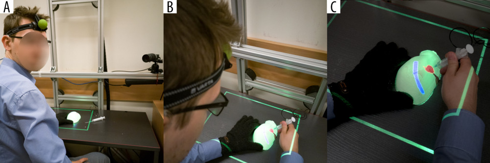 MARVIS (Medical AR VISualizer) augmented reality navigation system at work. (A) A marker on the operator’s head allowing video cameras to locate a head position. (B) Over-the-field projector displays anatomical features and the tumor view on the surface of the real, 3-dimensional model of the liver. (C) Targeting an aim hidden within the model with the needle connected to an electrical circuit. The closure of the circuit turns on the diode, which confirms the perfect placement of the needle.