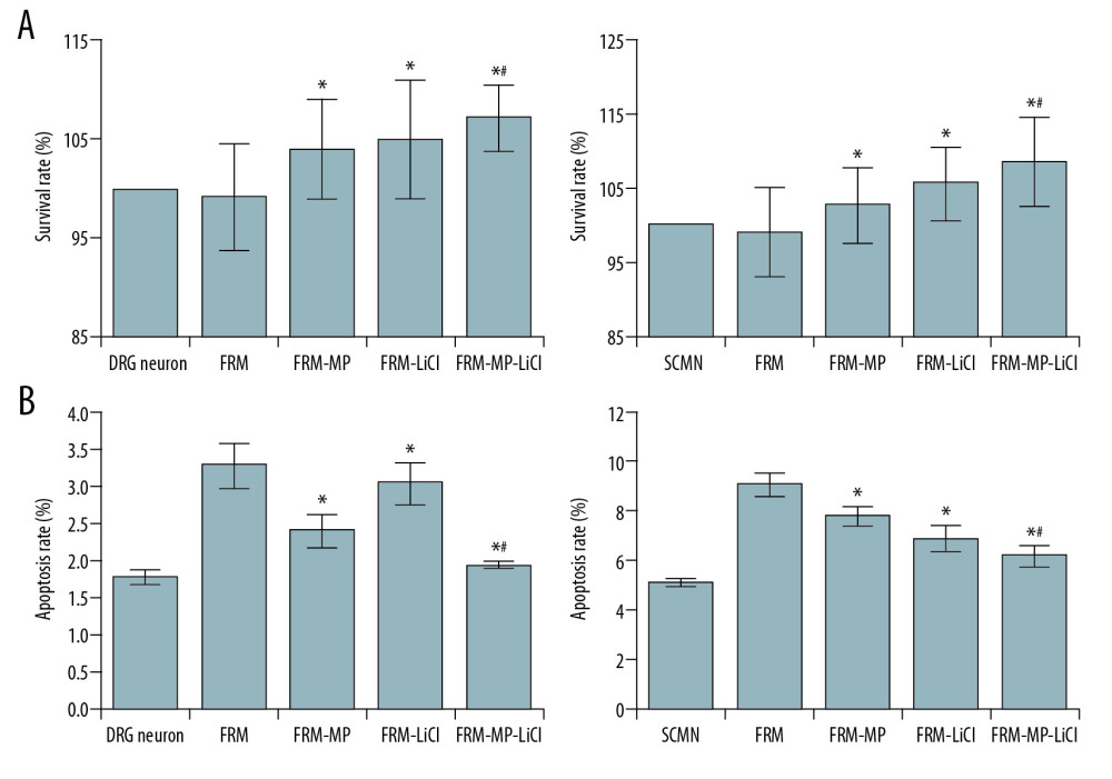 Evaluation of proliferation and apoptosis of neurons in different groups. (A) Determination for the survival rates of DRG and SCMN neurons using MTT assay in FRM, FRM-MP, FRM-LiCl, and FRM-MP-LiCl groups. (B) Determination of apoptosis of DRG and SCMN neurons using flow cytometry assay in FRM, FRM-MP, FRM-LiCl, and FRM-MP-LiCl groups. Apoptosis rate, calculated as early apoptosis rate plus late apoptosis. * p<0.05 vs. FRM group. # p<0.05 vs. FRM-MP group.