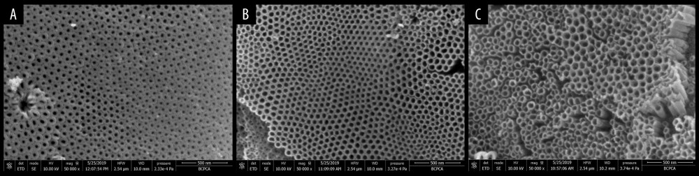 Effects of voltage on the morphology of the ZrO2 Nano-tube arrays. (A) Voltage of 30 V. (B) Voltage of 45 V. (C) Voltage of 60 V.