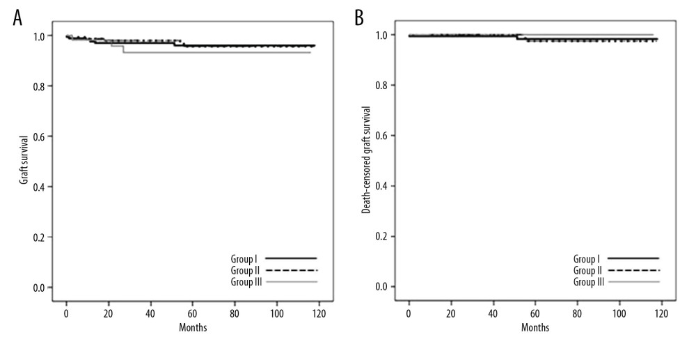 Rates of graft survival and death-censored graft survival at 5 years after transplant. (A) Graft survival rates (96.0% vs. 95.5% vs. 93.3%, p=0.685) and (B) death-censored graft survival rates (98.3% vs. 97.5% vs. 100%, p=0.732). Kaplan-Meier curves and log-rank tests were used to describe and compare the rates of graft survival.
