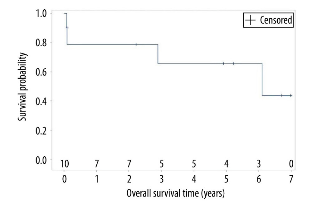 Overall survival among transplant radical nephrectomy and nephroureterectomy patients. (+) Censored defined as lost to follow-up or death. Overall Survival (OS) time defined as follow-up period of 7 years with 4 patient deaths.