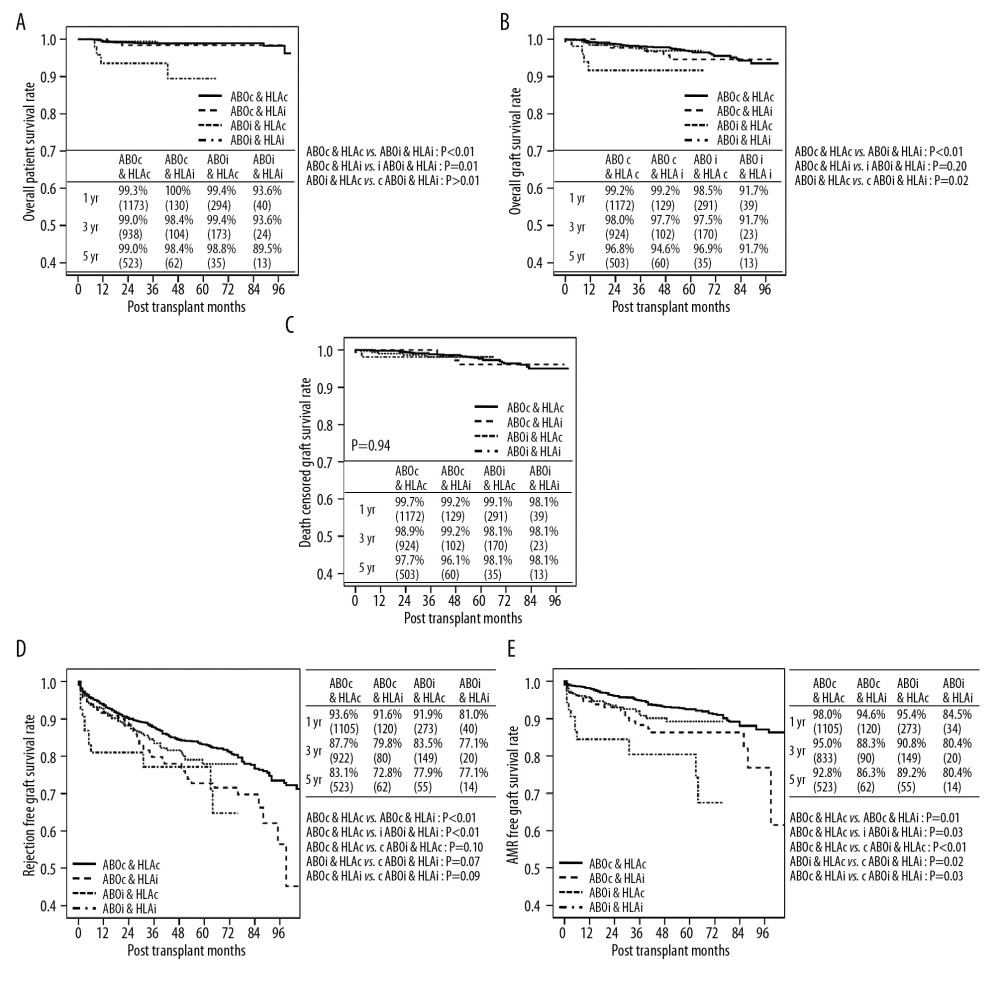 Long-term survival after kidney transplantation according to ABO and HLA incompatibilities. (A) Overall patient survival, (B) overall graft survival, (C) death-censored graft survival, (D) rejection-free graft survival, and (E) antibody-mediated rejection-free graft survival.