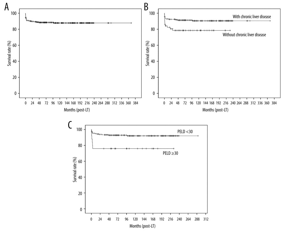 Kaplan-Meier analysis of overall survival: (A) all patients, (B) according to liver disease (with vs without chronic liver disease), and (C) according to pediatric end-stage liver disease (PELD) score.