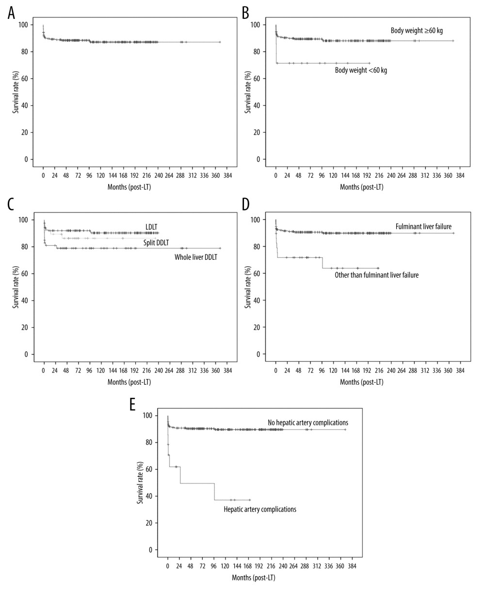 Kaplan-Meier analysis of graft survival: (A) all patients, (B) according to body weight, (C) according to type of LT (LDLT vs split DDLT vs whole-liver DDLT), (D) according to liver disease (fulminant liver failure vs other than fulminant liver failure), and (E) according to hepatic artery complications.