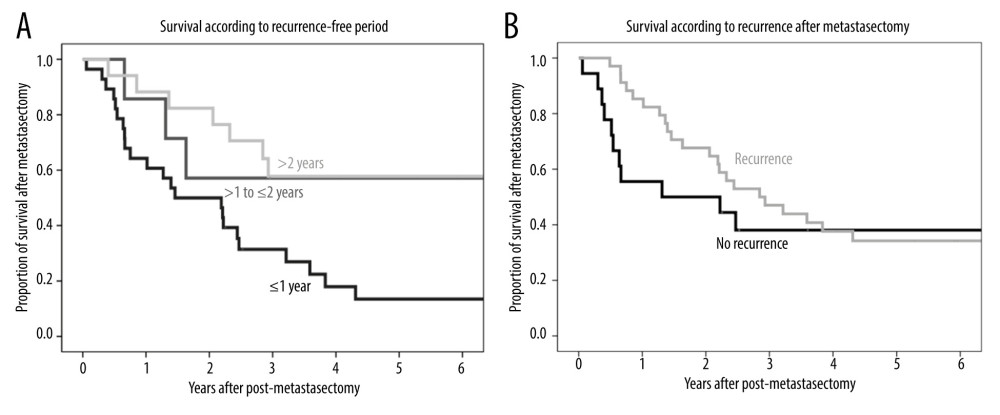 (A) Kaplan-Meier analysis of overall patient survival according to recurrence-free period (≤1 year, >1 to ≤2 years, >2 years) after metastasectomy. (B) Kaplan-Meier analysis of overall patient survival in patients with and without additional recurrence after metastasectomy.