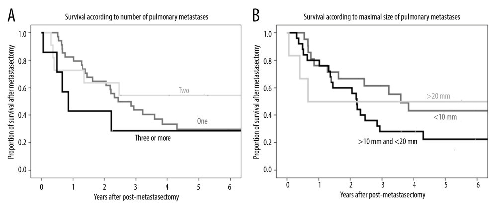 (A) Kaplan-Meier analysis of patient survival according to number of pulmonary metastases (1, 2, or ≥3). (B) Kaplan-Meier analysis of patient survival according to maximal size of pulmonary metastases (≤10 mm, >10 to ≤20 mm, or >20 mm).