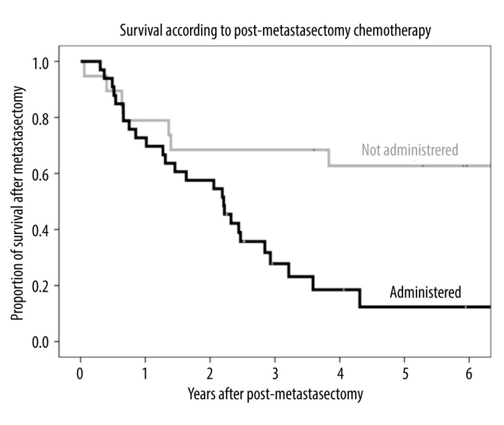 Kaplan-Meier analysis of overall survival in patients who received chemotherapy and did not receive chemotherapy after metastasectomy.