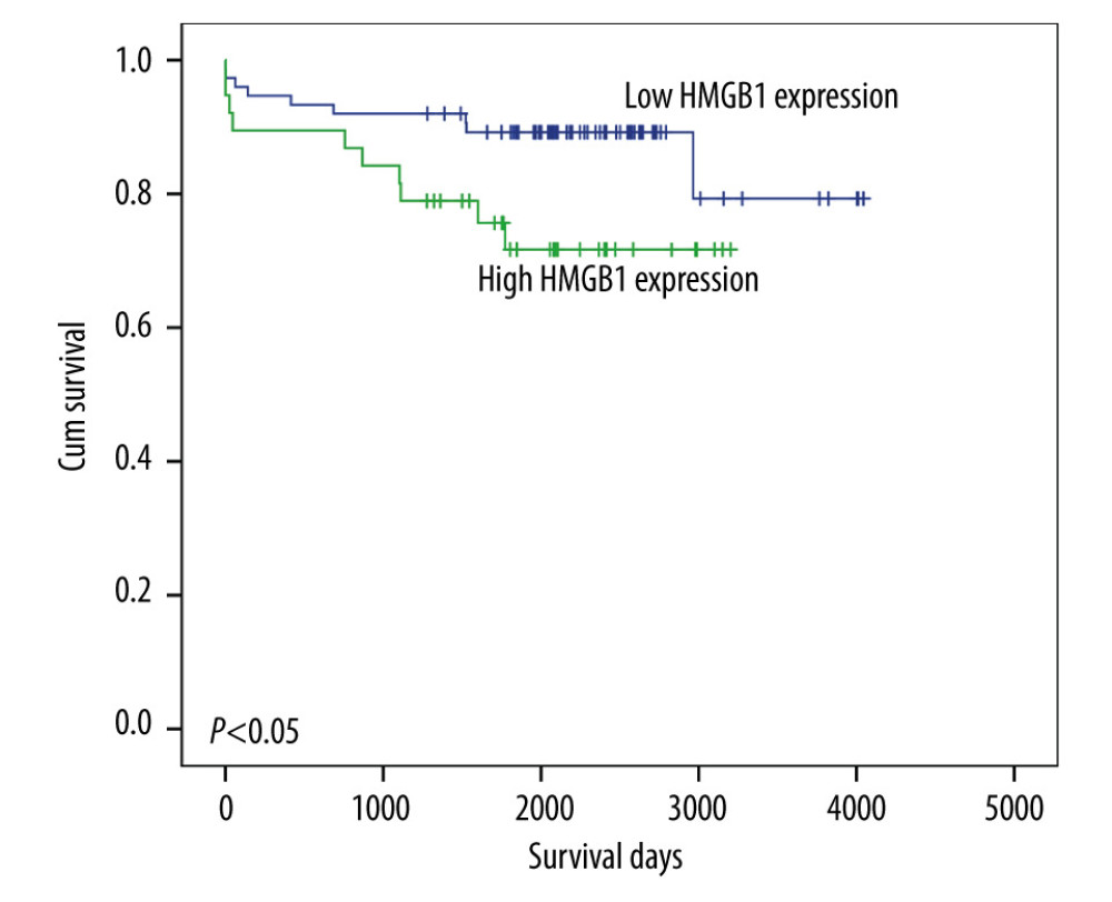 Survival of recipients with high or low high-mobility group box 1 (HMGB1) levels. The Kaplan-Meier method was used to analyze overall survival, and survival differences were examined by the log-rank test.