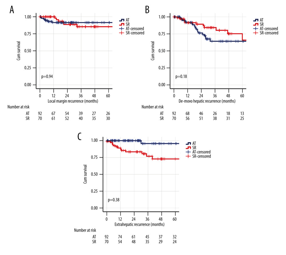 Kaplan-Meier survival analysis for different patterns of HCC recurrence in the whole cohort. (A) Local margin recurrence. (B) De novo hepatic recurrence. (C) Extrahepatic recurrence.